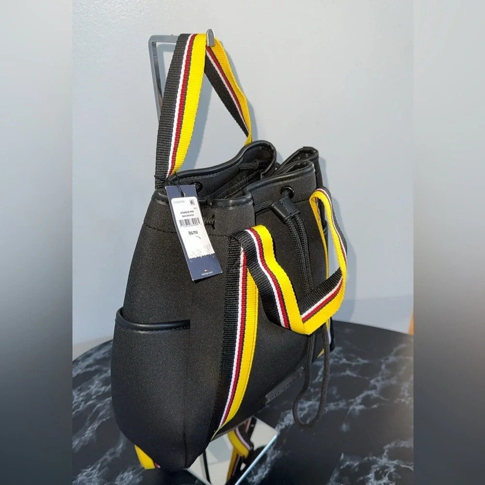Tommy Hilfiger Drawstring Backpack Black Yellow Multicolored Strap AUTHENTIC NEW